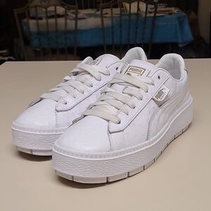 Puma White Gold Platform Sneakers trace Ostrich